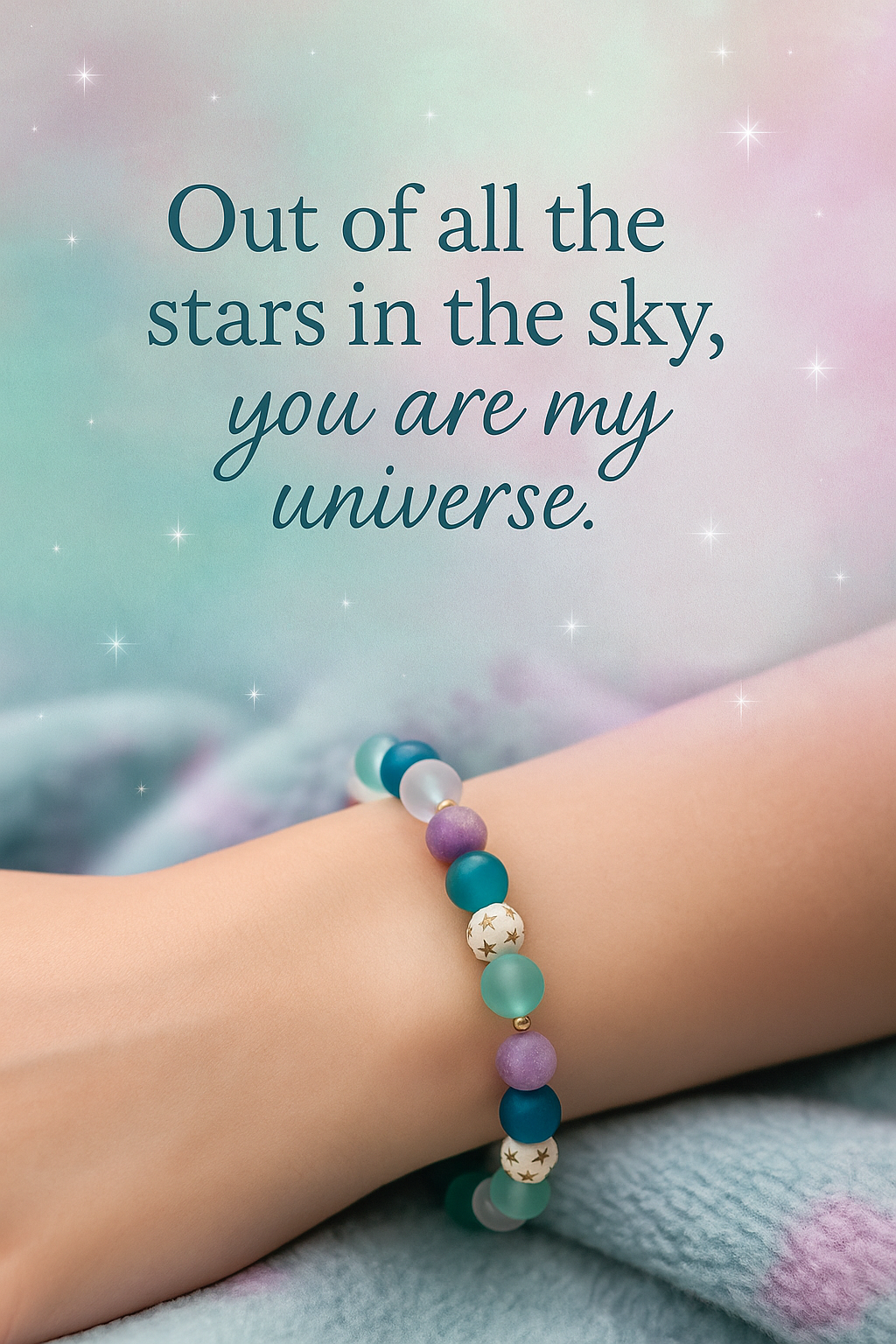 Celestial Opalite Sky bracelet worn on the wrist showing size, fit, and everyday wear style