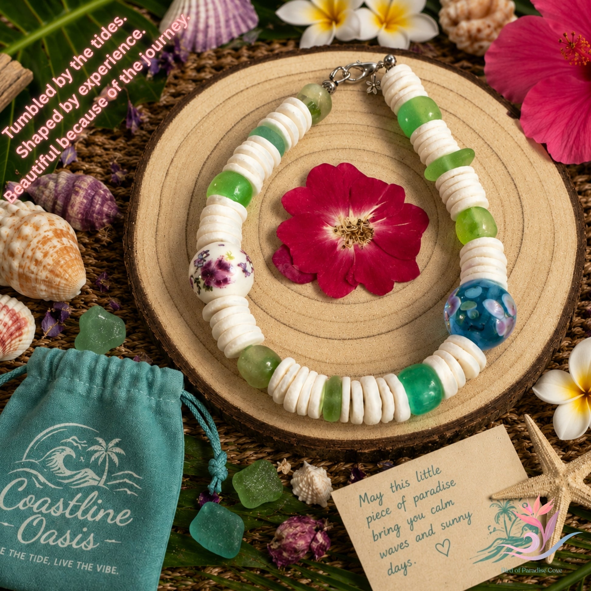 Floral beaded bracelet displayed on natural wood with spring-inspired colors and botanical accents.
