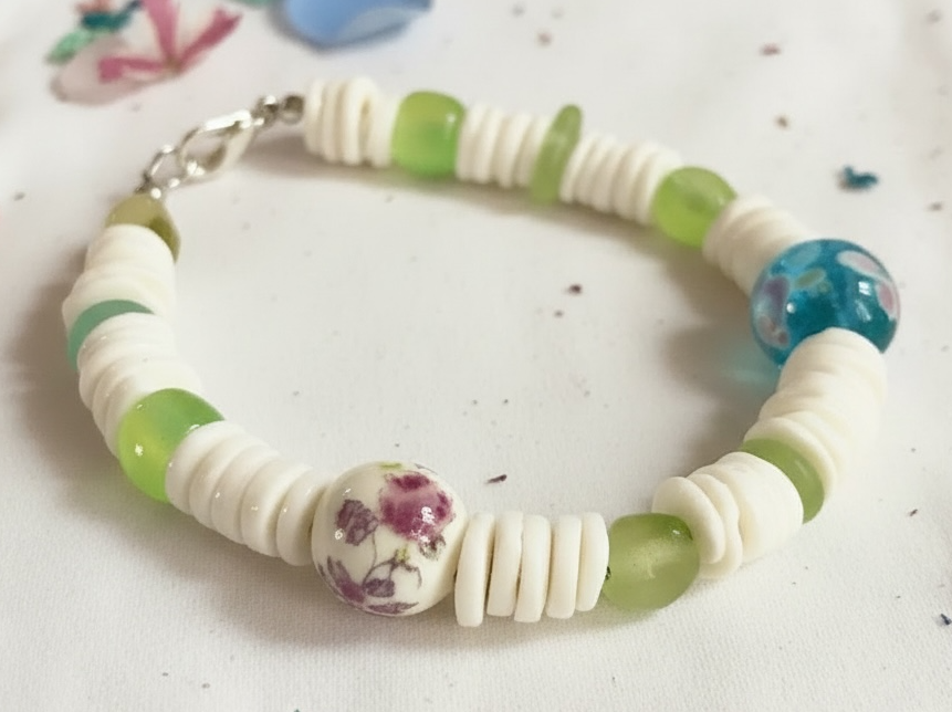 Close-up view of Coastline Oasis bracelet highlighting floral ceramic beads and green glass details.