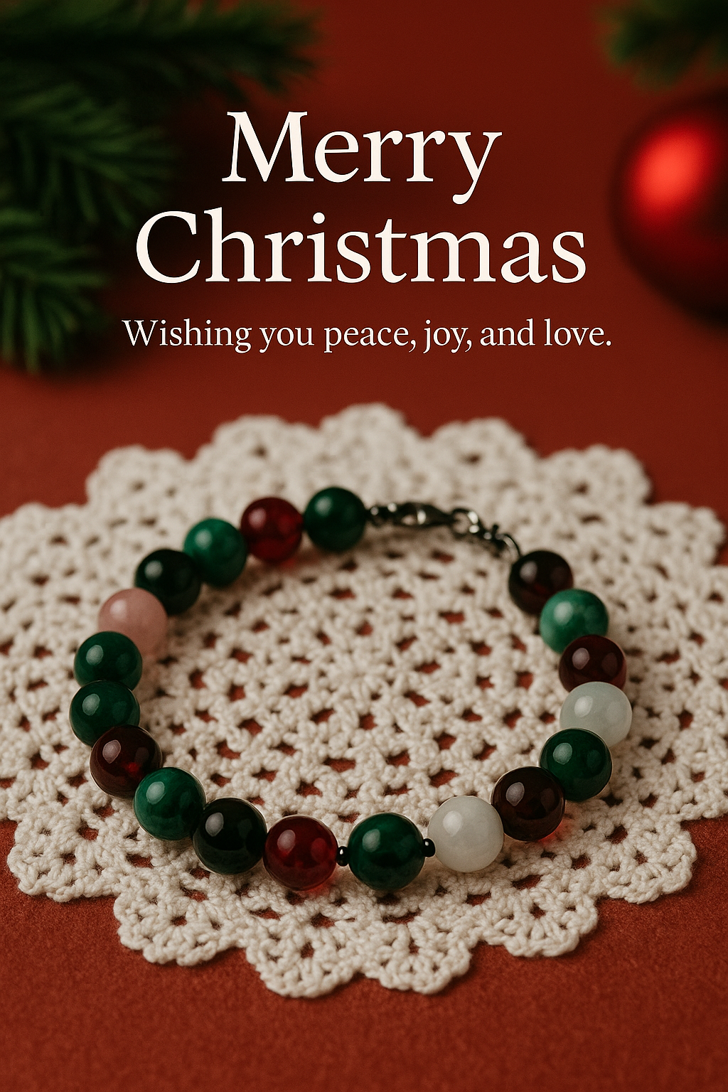 Festive Christmas Eve bracelet displayed with holiday text and seasonal design, emphasizing gift-ready handmade jewelry.