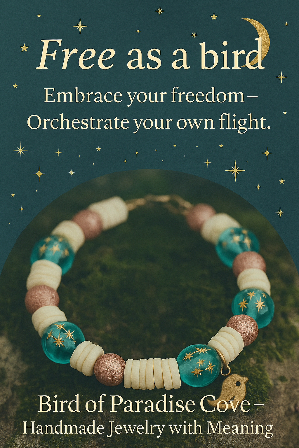 Promotional image featuring a handmade ocean-inspired beaded bracelet with teal star beads and shell spacers, displayed with the text “Free as a bird — Embrace your freedom, orchestrate your own flight” and Bird of Paradise Cove branding.