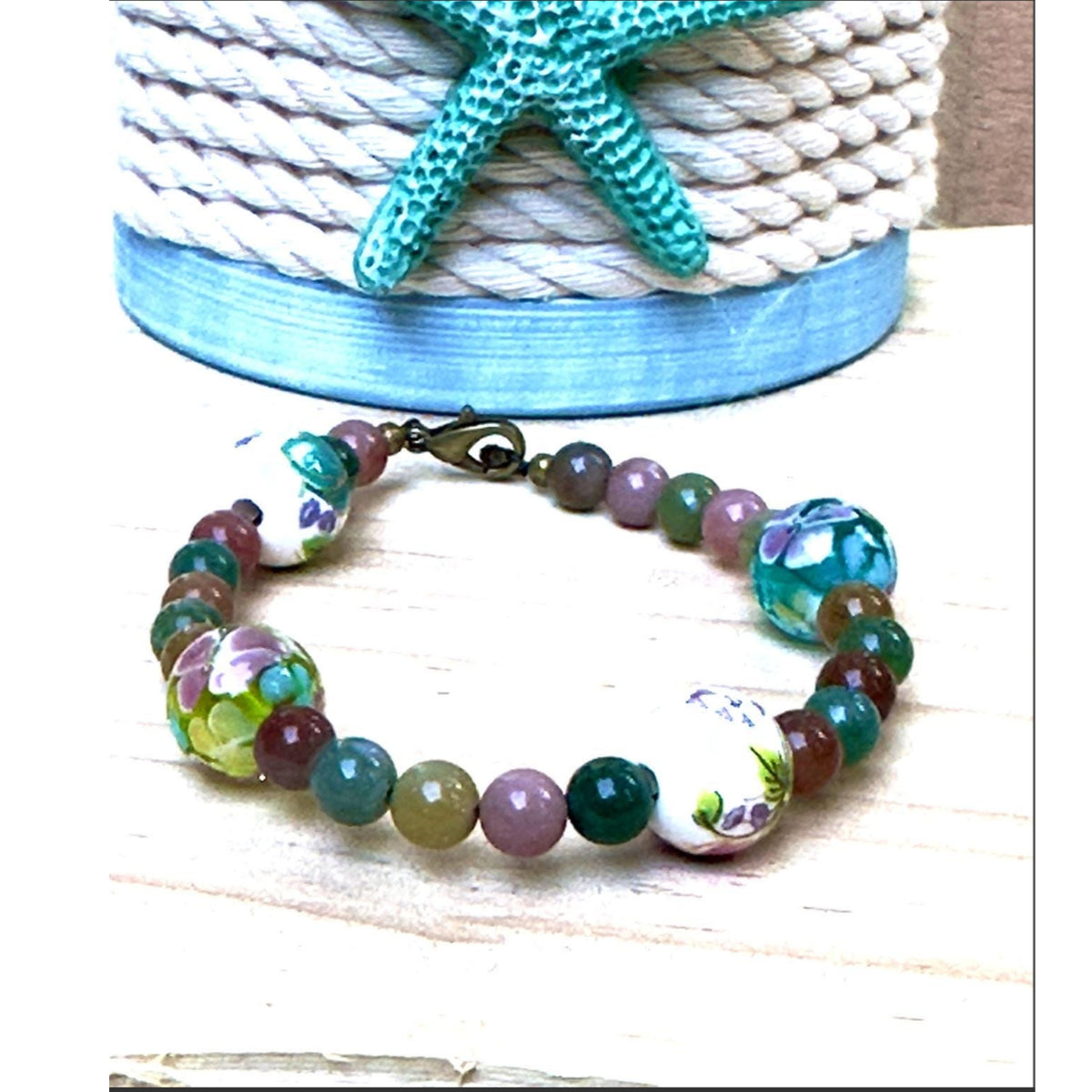 Forest Soul in Bloom • Agate, Glass & Porcelain Floral Bracelet