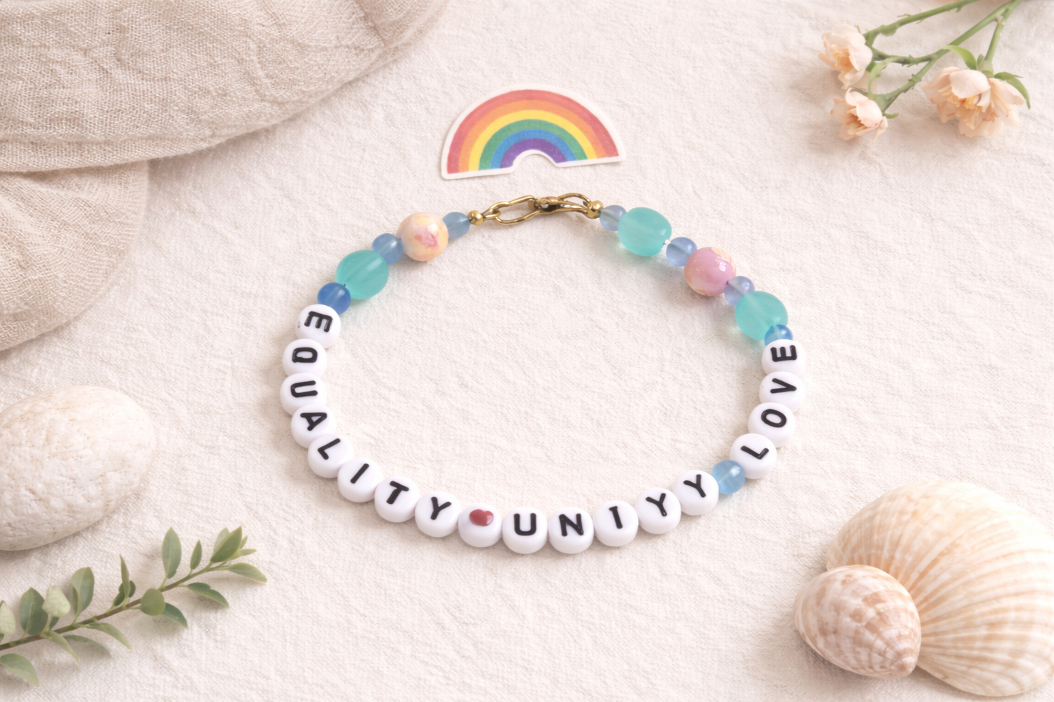 Equality Unity Love bracelet styled with rainbow accent on soft neutral background inclusive pride jewelry aesthetic