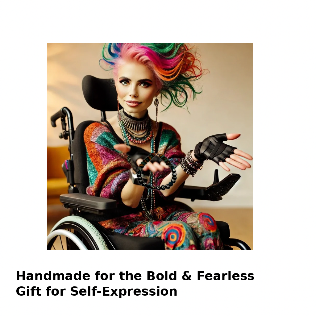Person in a wheelchair with colorful hair and clothing, surrounded by text about self-expression.