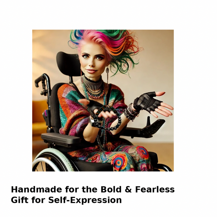 Person in a wheelchair with colorful hair and clothing, surrounded by text about self-expression.
