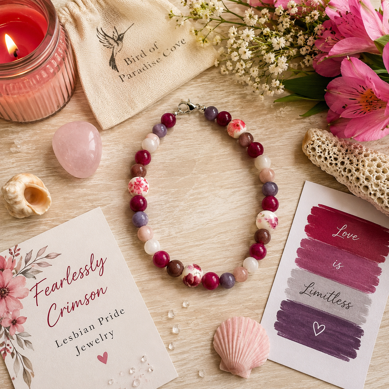 Handmade lesbian pride bracelet with crimson, pink, lavender, and floral beads styled beside flowers, seashells, and pride-inspired affirmation cards.