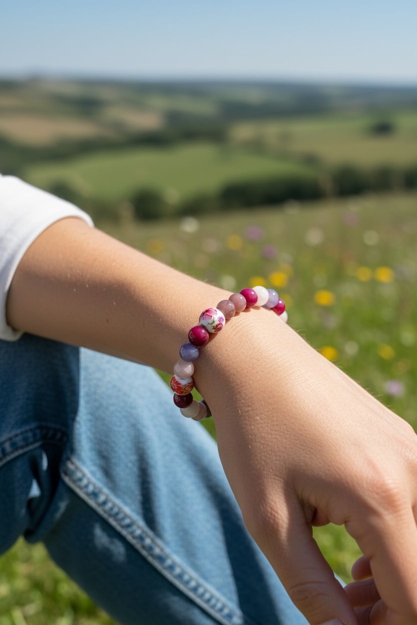 Person wearing a colorful beaded bracelet with a scenic background of green fields and wildflowers.