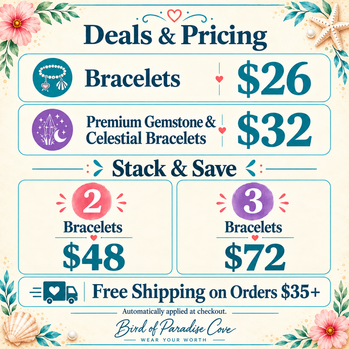 Bird of Paradise Cove floral coastal pricing: bracelets $26, premium gemstone and celestial bracelets $32, 2 bracelets $48, 3 bracelets $72, and free shipping on orders $35 or more.