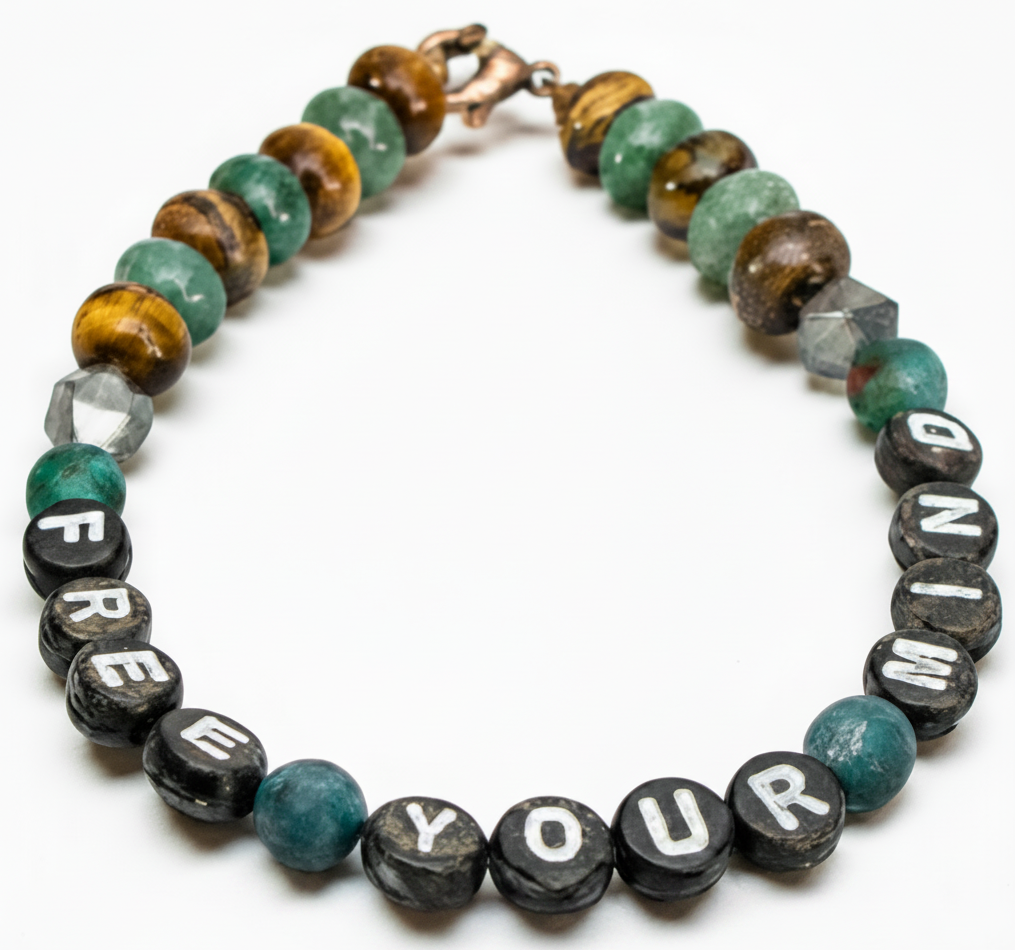     Free Your Mind tiger eye teal gemstone bracelet white background
