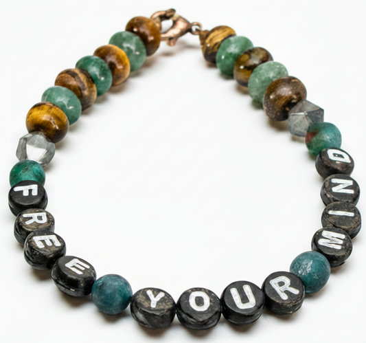     Free Your Mind tiger eye teal gemstone bracelet white background