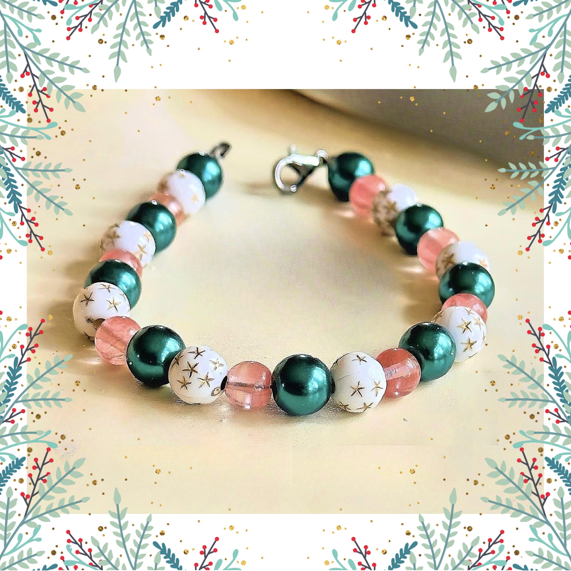 Whimsical galaxy bracelet with pink and teal beads in decorative styled frame