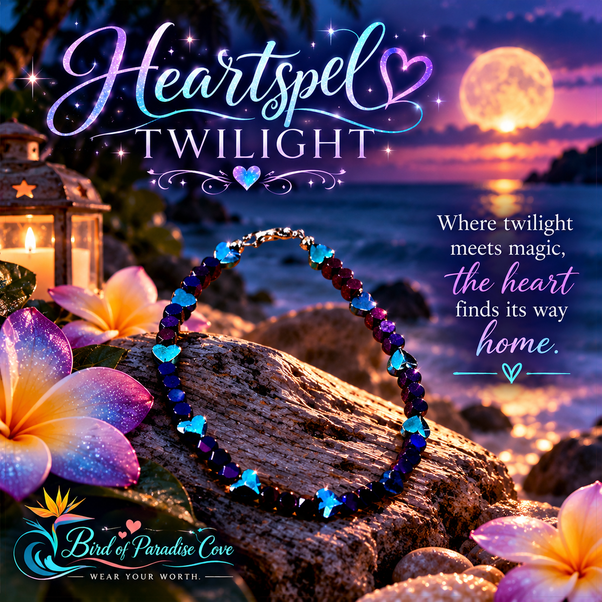 Heartspell Twilight bracelet displayed in a dreamy moonlit landscape with colorful flowers and a glowing twilight sky.