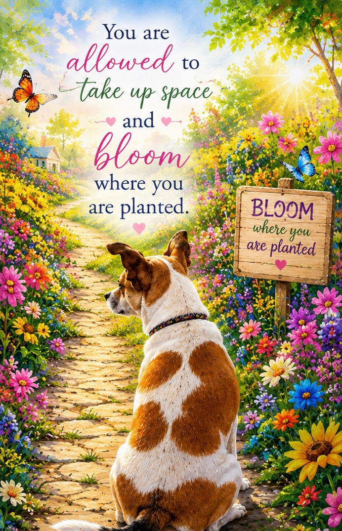 Inspirational Millie graphic featuring a colorful wildflower meadow and the message, “You are allowed to take up space and bloom where you are planted.