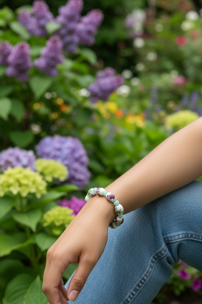 Hidden Reverie Meadow bracelet worn on the wrist in a garden setting surrounded by blooming flowers.