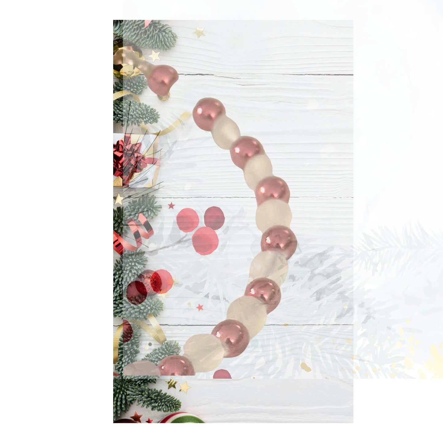 Close-up of a handmade blush glass bead bracelet with rose-tone metallic beads, styled on a light wooden background with soft holiday greenery and subtle festive accents.