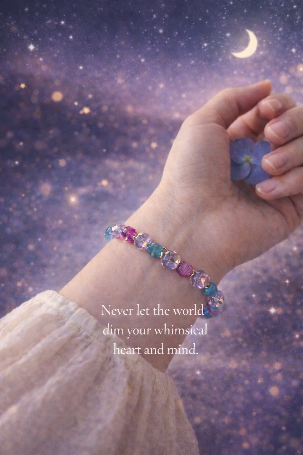 Celestial wrist shot of a lavender and teal star gemstone bracelet worn on the wrist against a moonlit background with an inspirational quote.