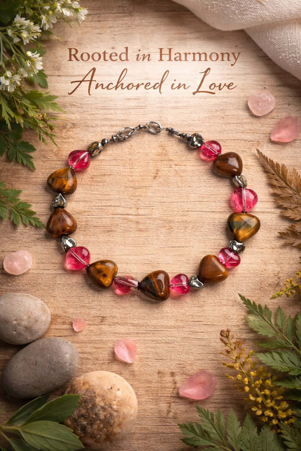 Rooted in Harmony Anchored in Love bracelet styled on wood with greenery and soft romantic accents