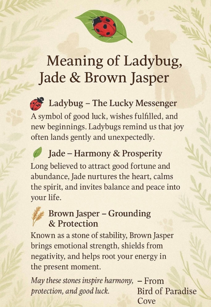 Meaning card explaining the symbolism of ladybug beads, green jade, and Brown Zebra Jasper gemstones.