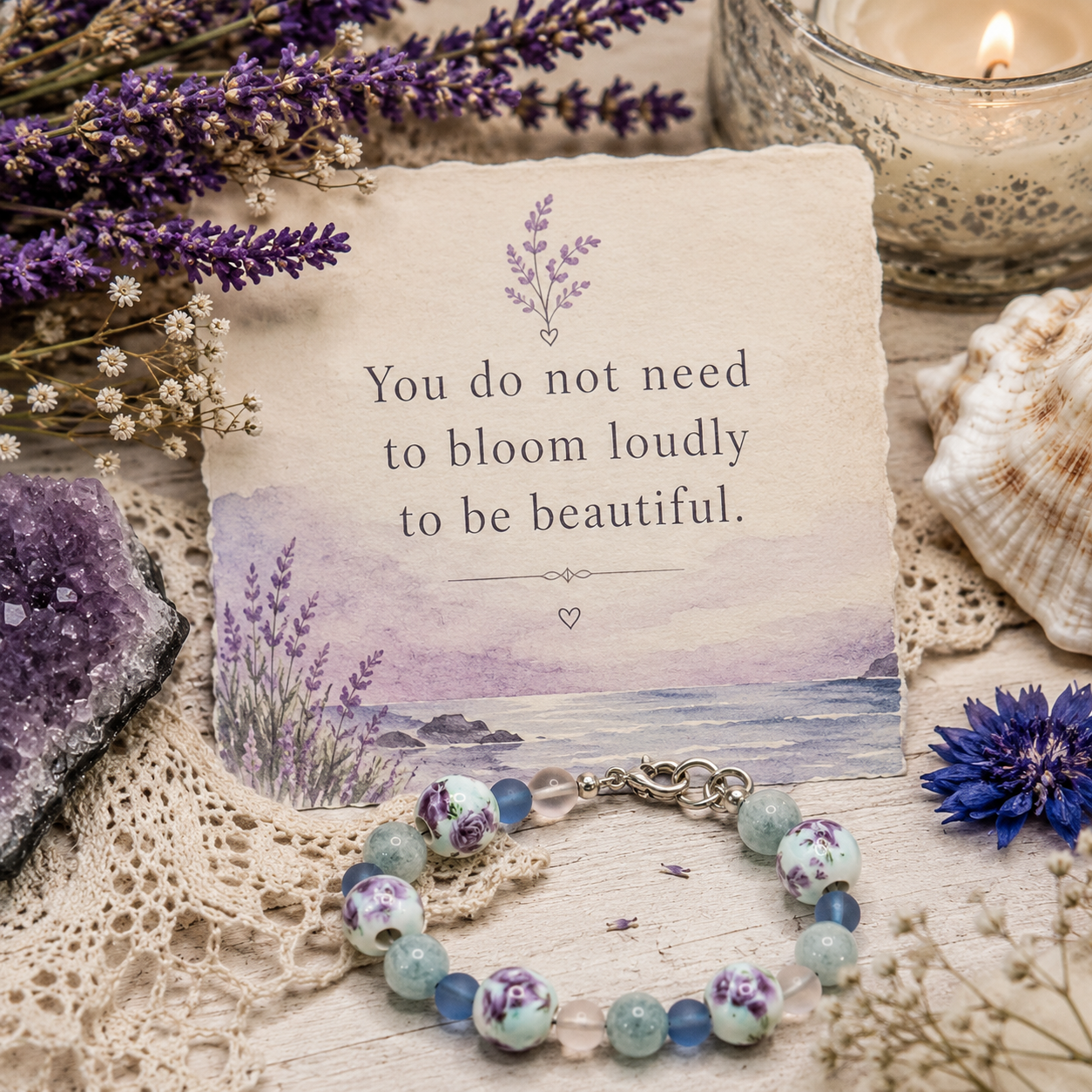Inspirational lavender coastal bracelet quote graphic reading “You do not need to bloom loudly to be beautiful”