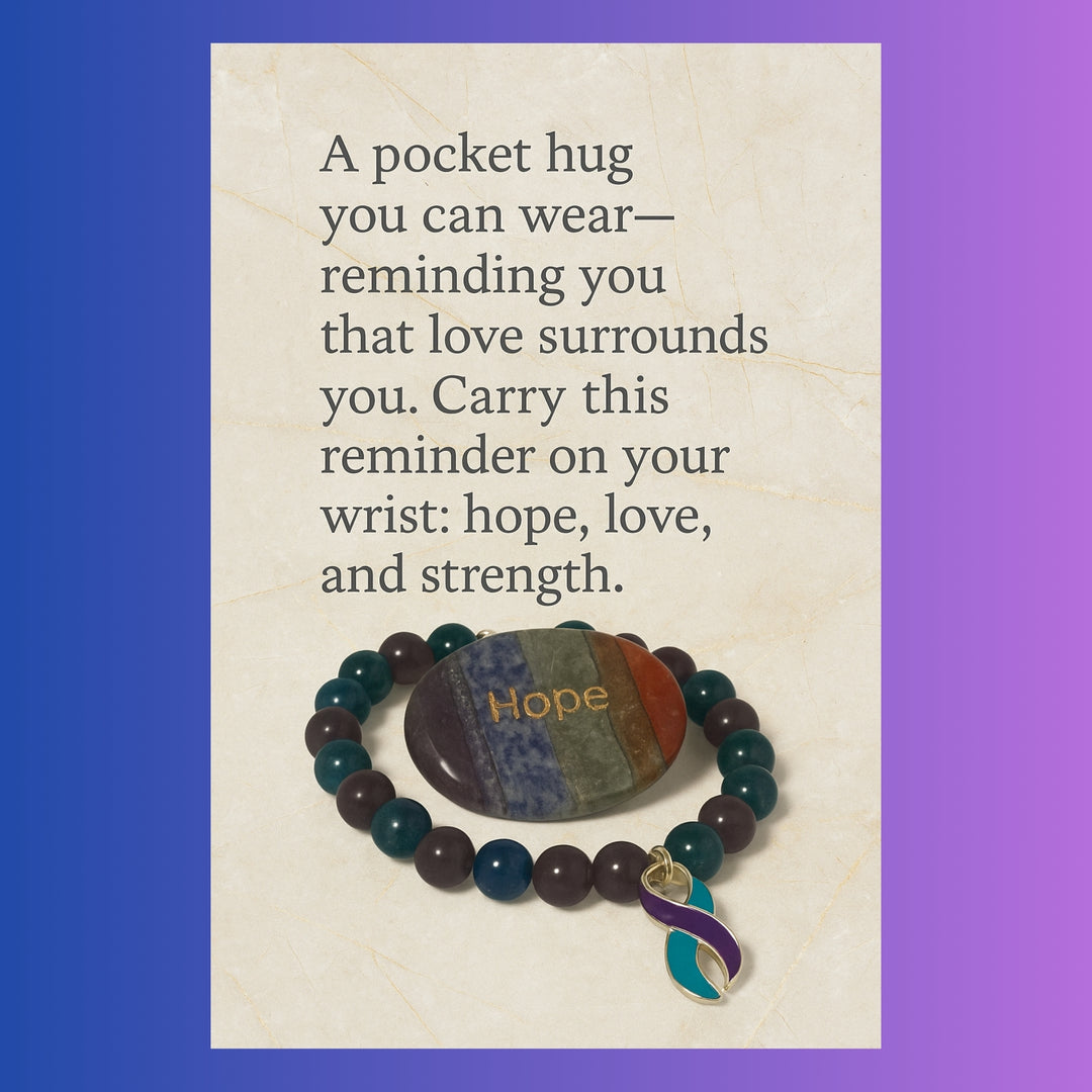 A square card or print with a quote about a pocket hug and a beaded bracelet featuring a stone engraved with the word 'Hope' and a purple-and-teal ribbon charm, set against a blue-to-purple gradient background.