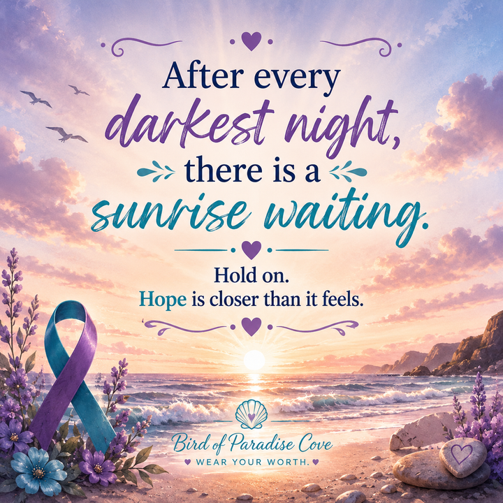 Inspirational sunrise quote graphic reading “After every darkest night, there is a sunrise waiting.”