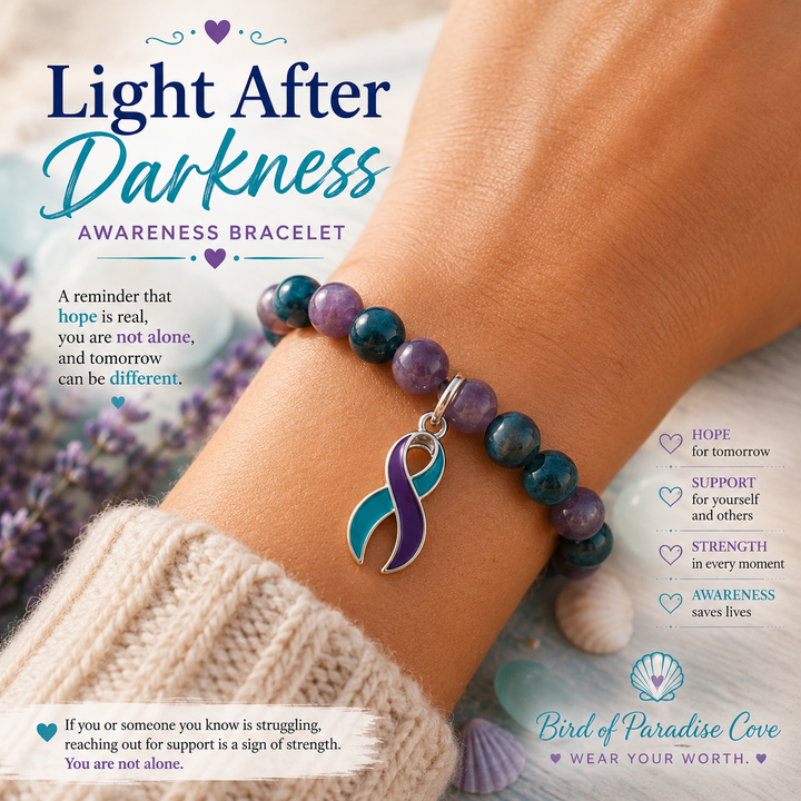 Light After Darkness gemstone awareness bracelet featuring Blue Tiger Eye, Apatite, Indian Agate and Purple Striped Banded Agate with awareness ribbon charm.
