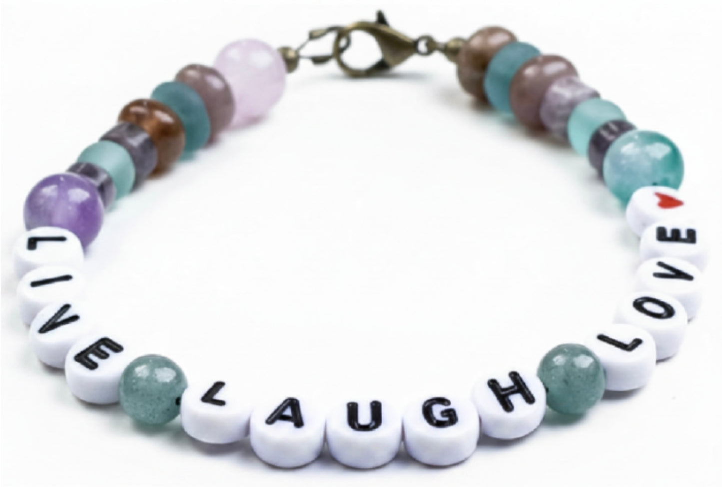 Handmade gemstone beaded bracelet with “Live Laugh Love” letter beads, pastel tones, and lobster clasp on white background