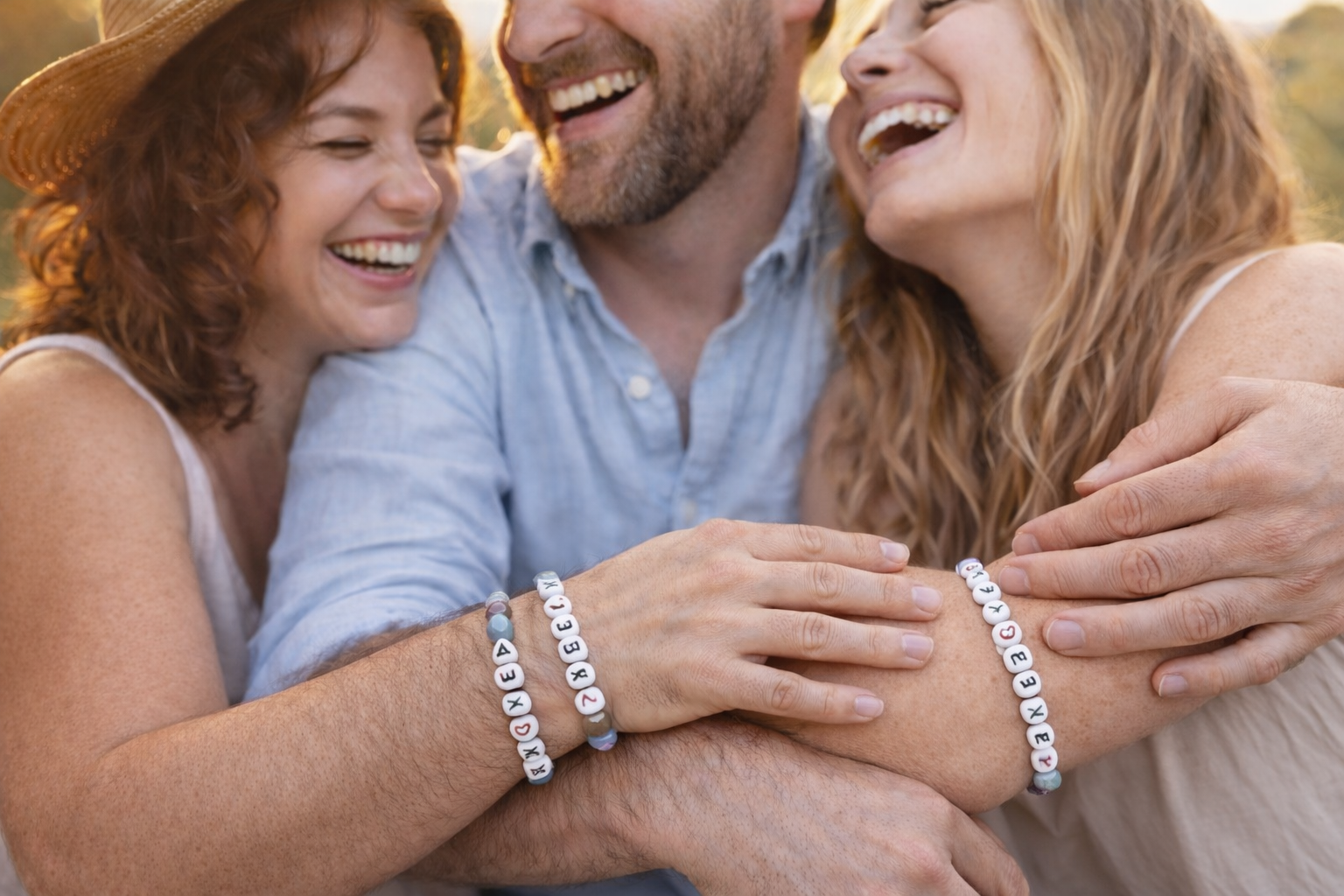 Two women and a man laughing together outdoors, wearing matching bracelets.