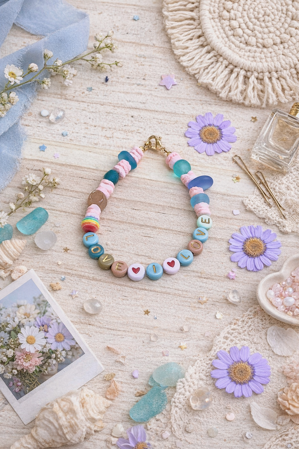 Full view of the curved “LOVE IS LOVE” bracelet highlighting the balanced bead pattern and handmade design.