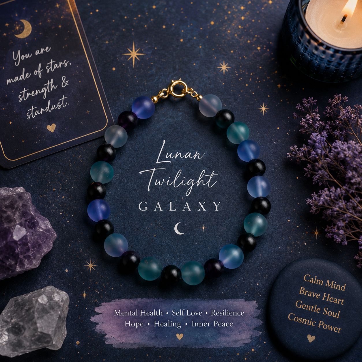 Lunar Twilight Galaxy bracelet displayed with crystals, lavender, and a celestial background featuring an inspirational mental health quote about finding light in darkness.