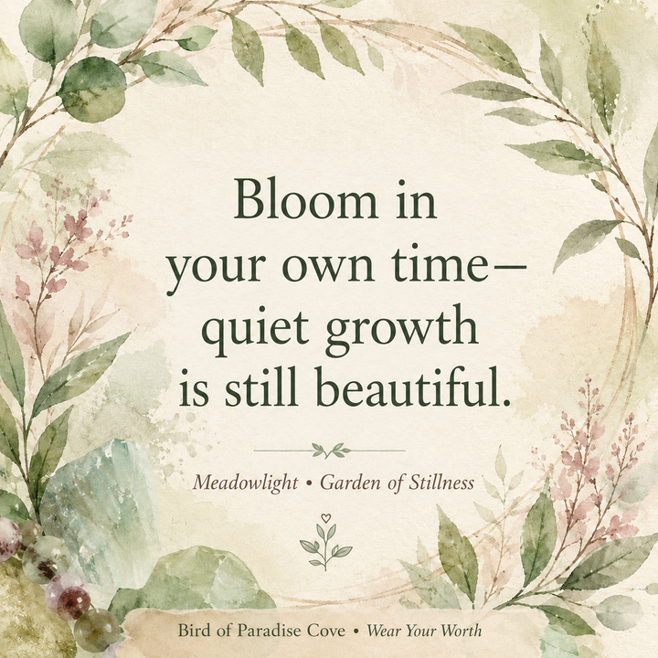 Botanical watercolor quote graphic for the Meadowlight Garden of Stillness bracelet reading, “Bloom in your own time—quiet growth is still beautiful,” surrounded by soft green leaves and blush florals.
