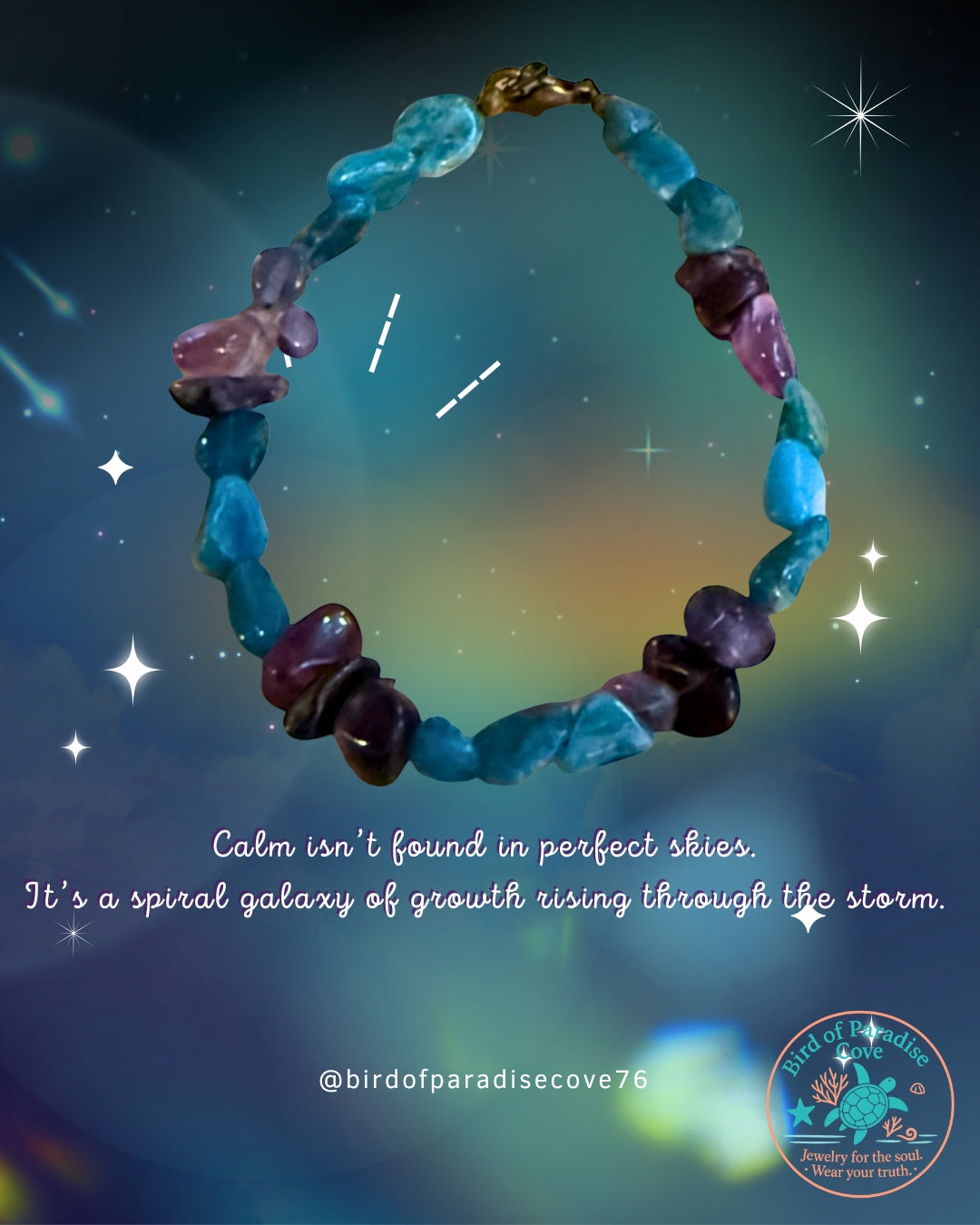 Mindful Waters gemstone bracelet with calming quote and starry background