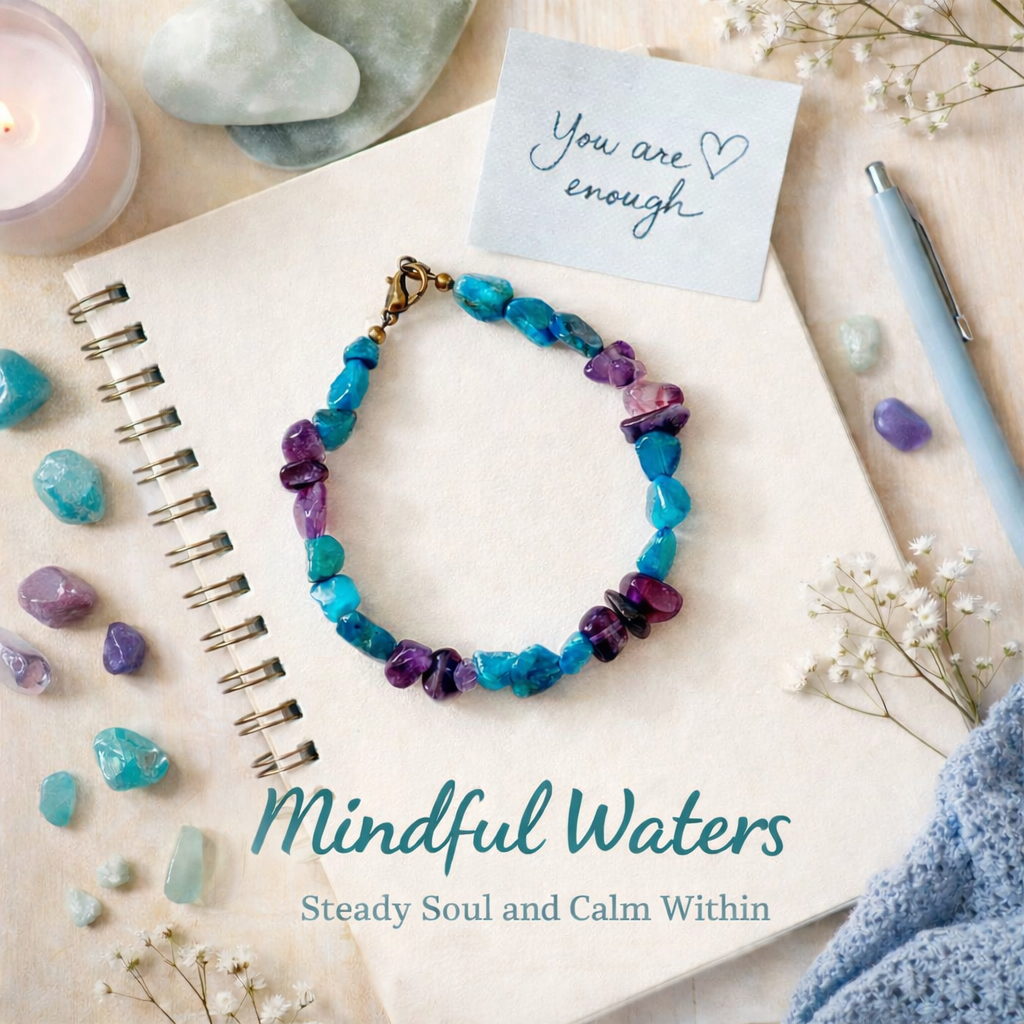 Mindful Waters Amethyst and Amazonite bracelet flat lay with self care styling