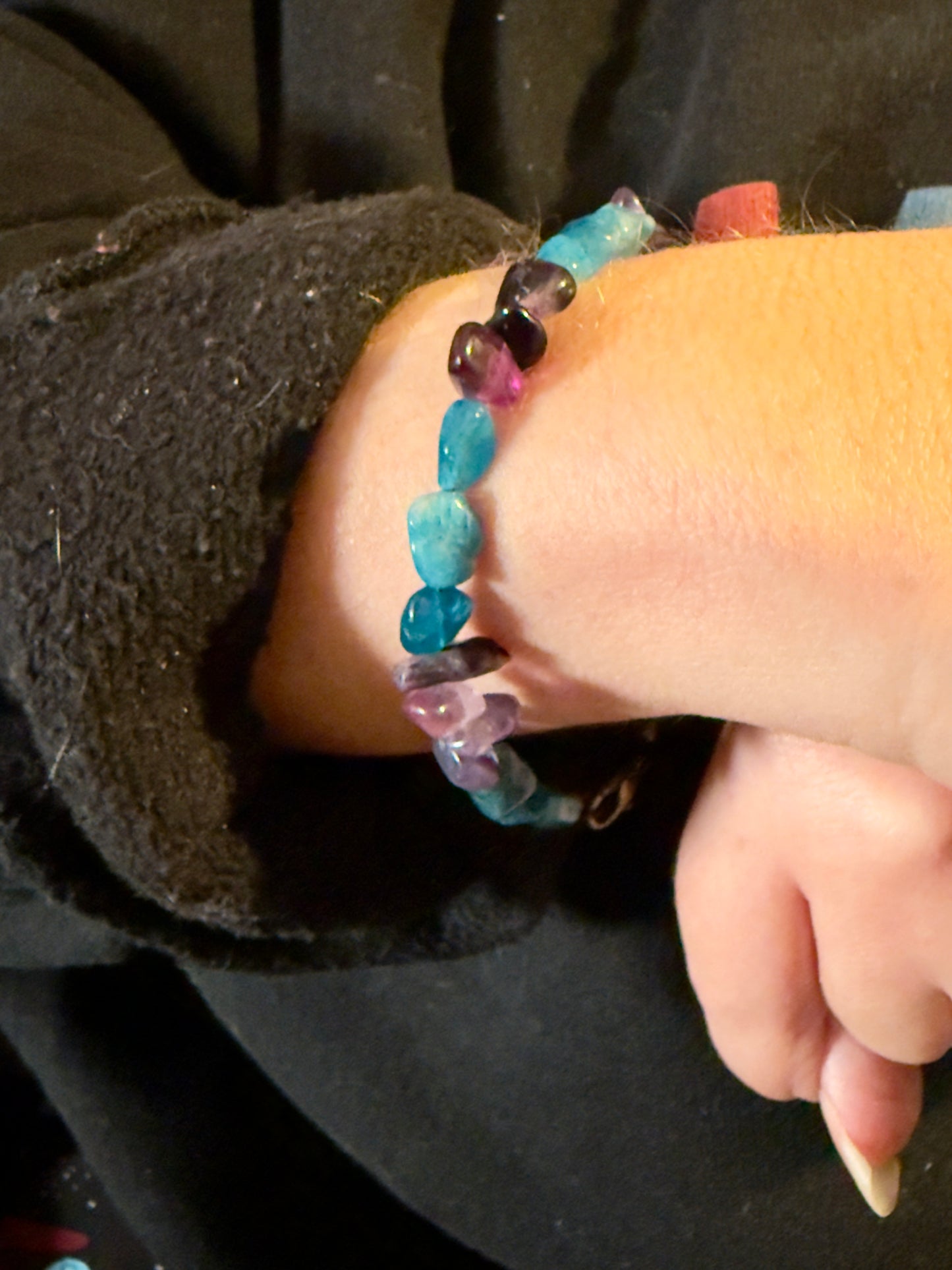 Amazonite and Amethyst mental wellness bracelet worn on wrist