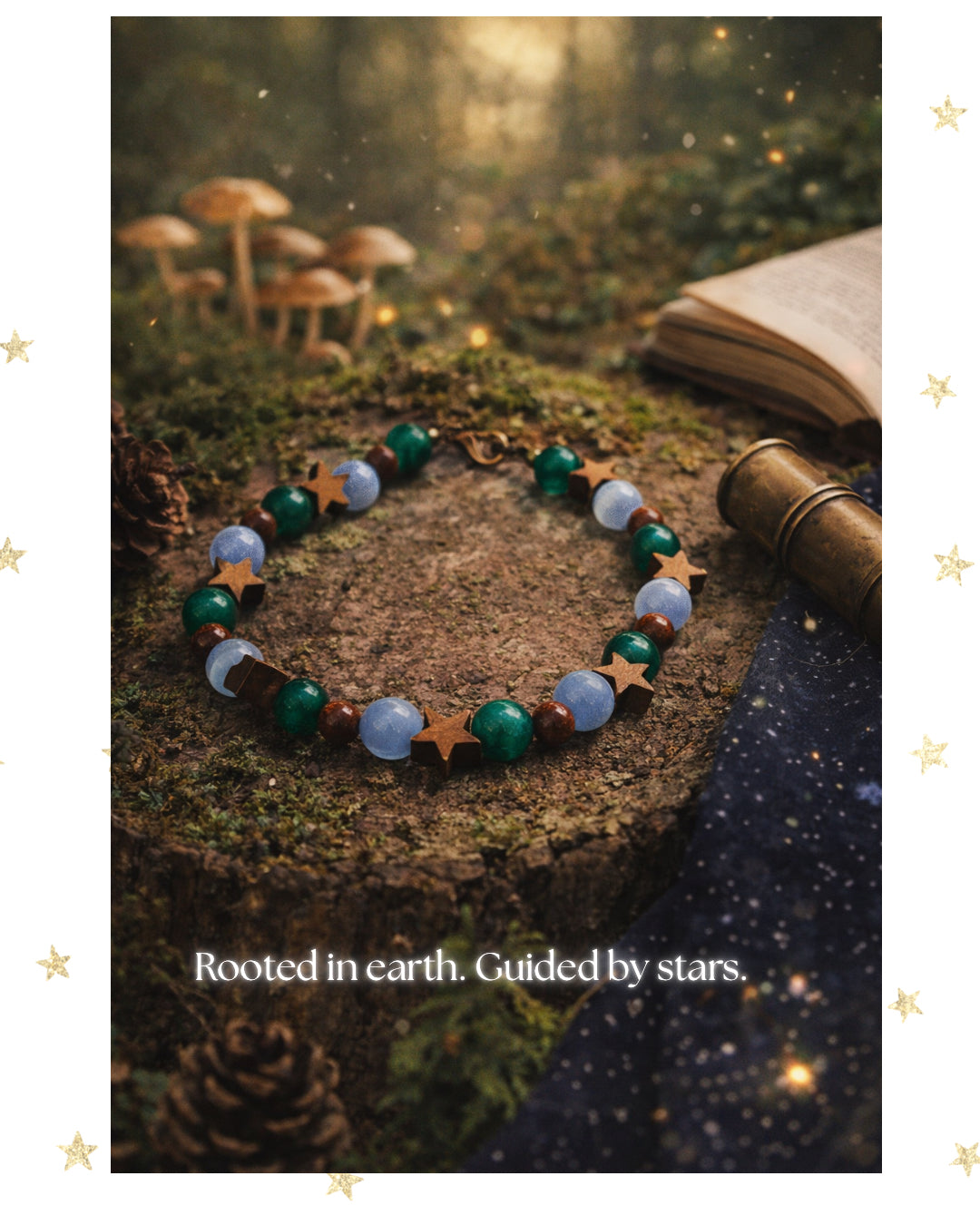 Inspirational quote card with moon and star bracelet promoting calm grounding and emotional balance