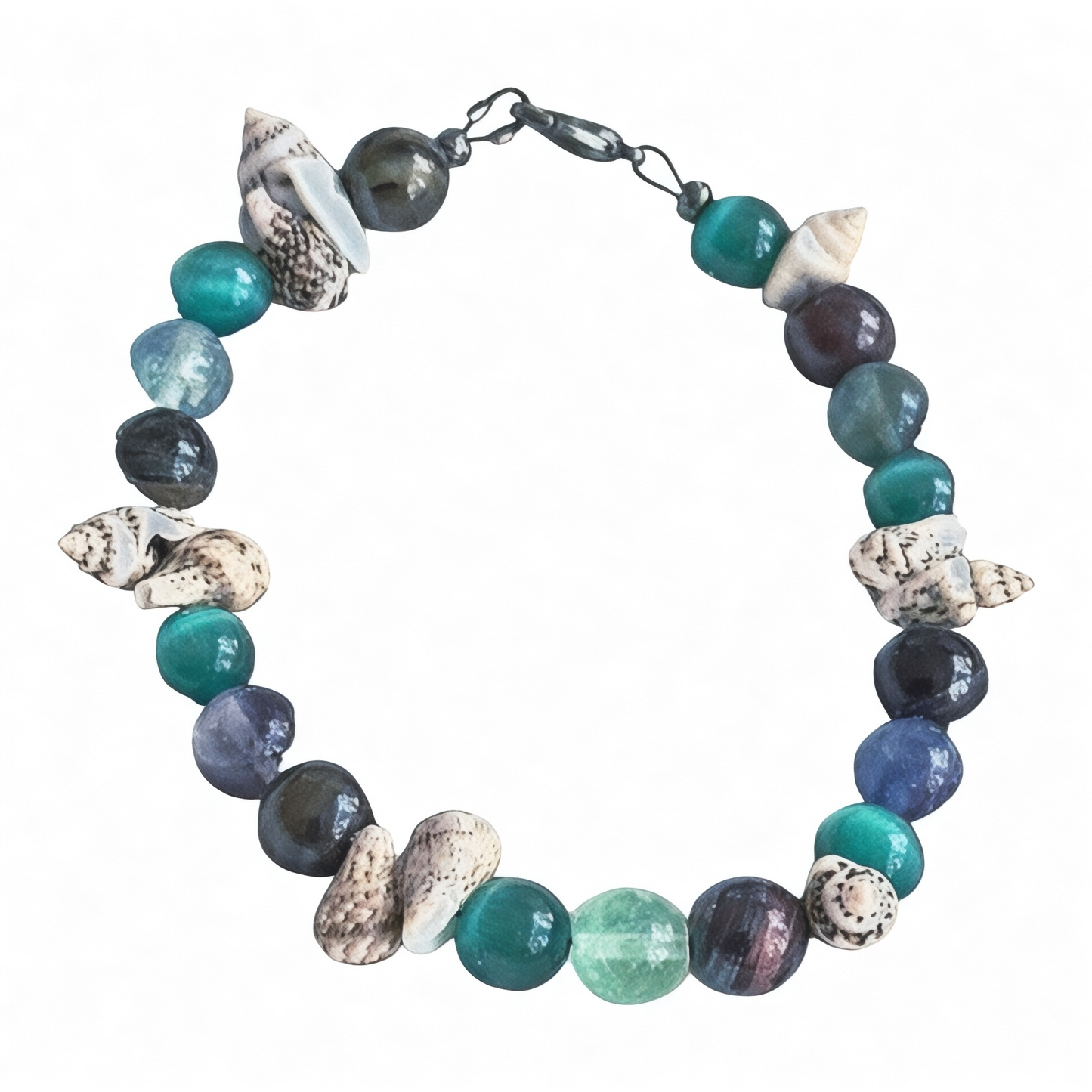Ocean’s Treasure ocean-inspired bracelet featuring aqua, teal, blue, and shell beads on a white background.