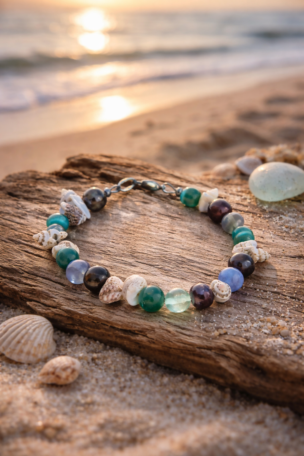 Ocean’s Treasure handmade shell and gemstone bracelet resting on weathered driftwood by the ocean.