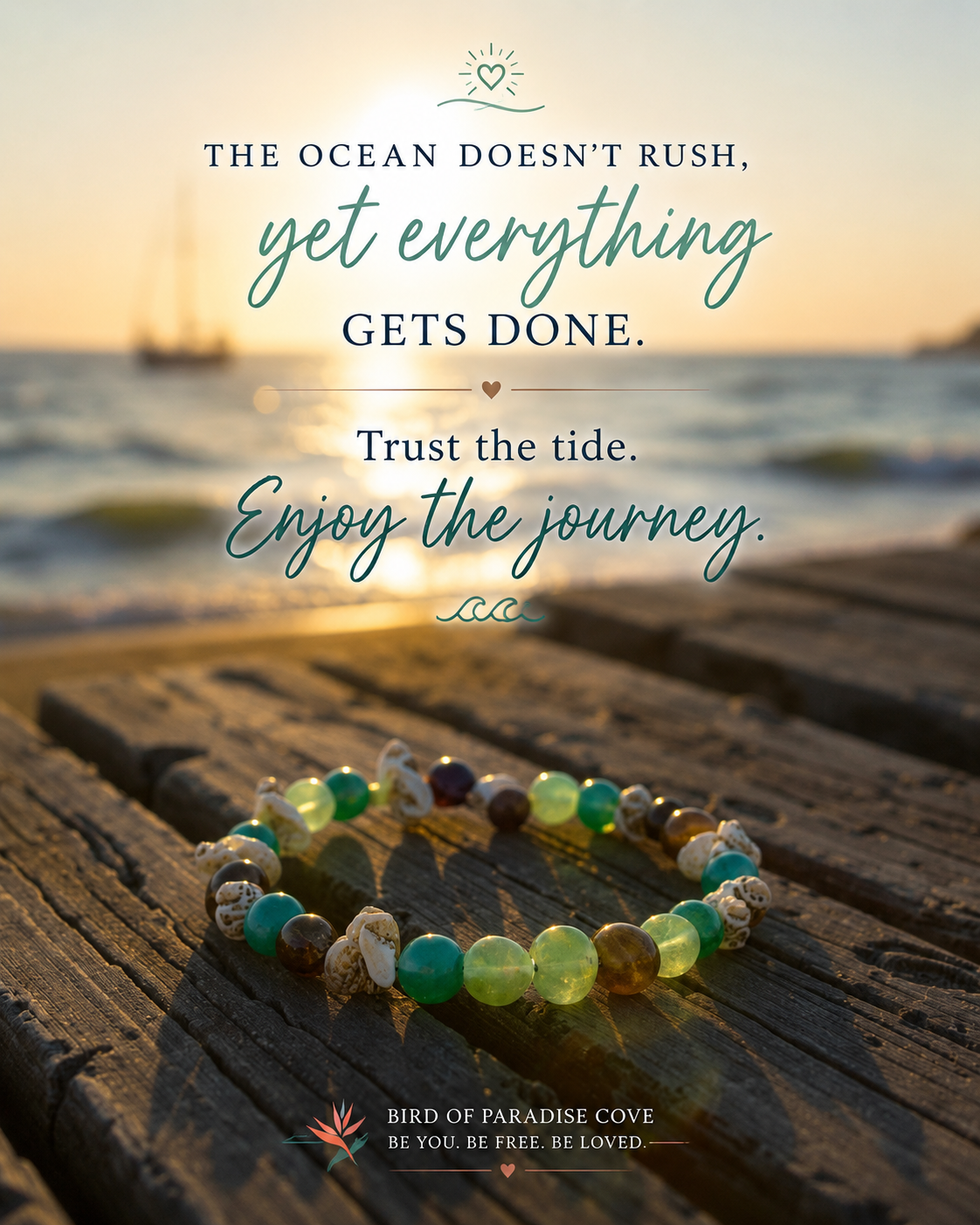 Inspirational ocean quote featuring the Ocean’s Treasure bracelet on a weathered dock at sunset.