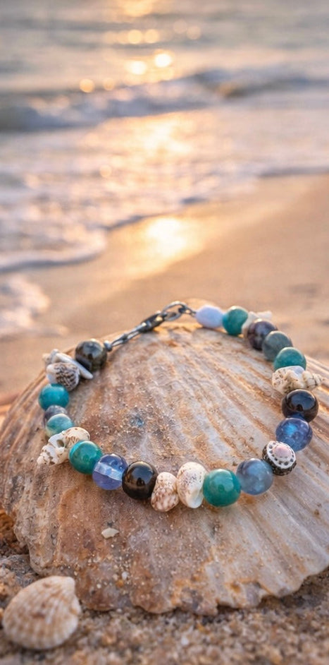 Ocean’s Treasure handmade coastal bracelet displayed on a seashell at sunset beside the ocean.
