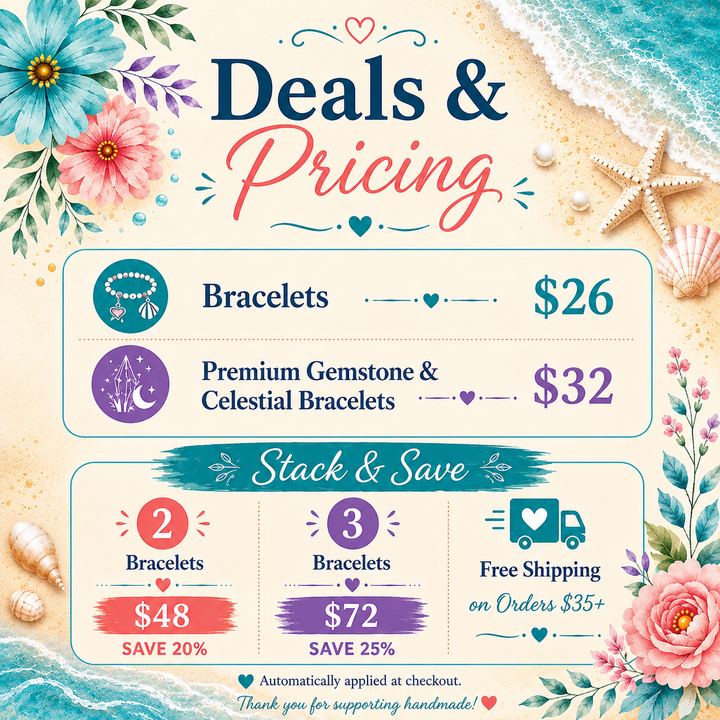 Coastal-themed Bird of Paradise Cove pricing graphic featuring bracelet pricing, gemstone and celestial bracelet pricing, Stack & Save discounts, free shipping on orders over $35, pastel flowers, ocean waves, and beach-inspired artwork.