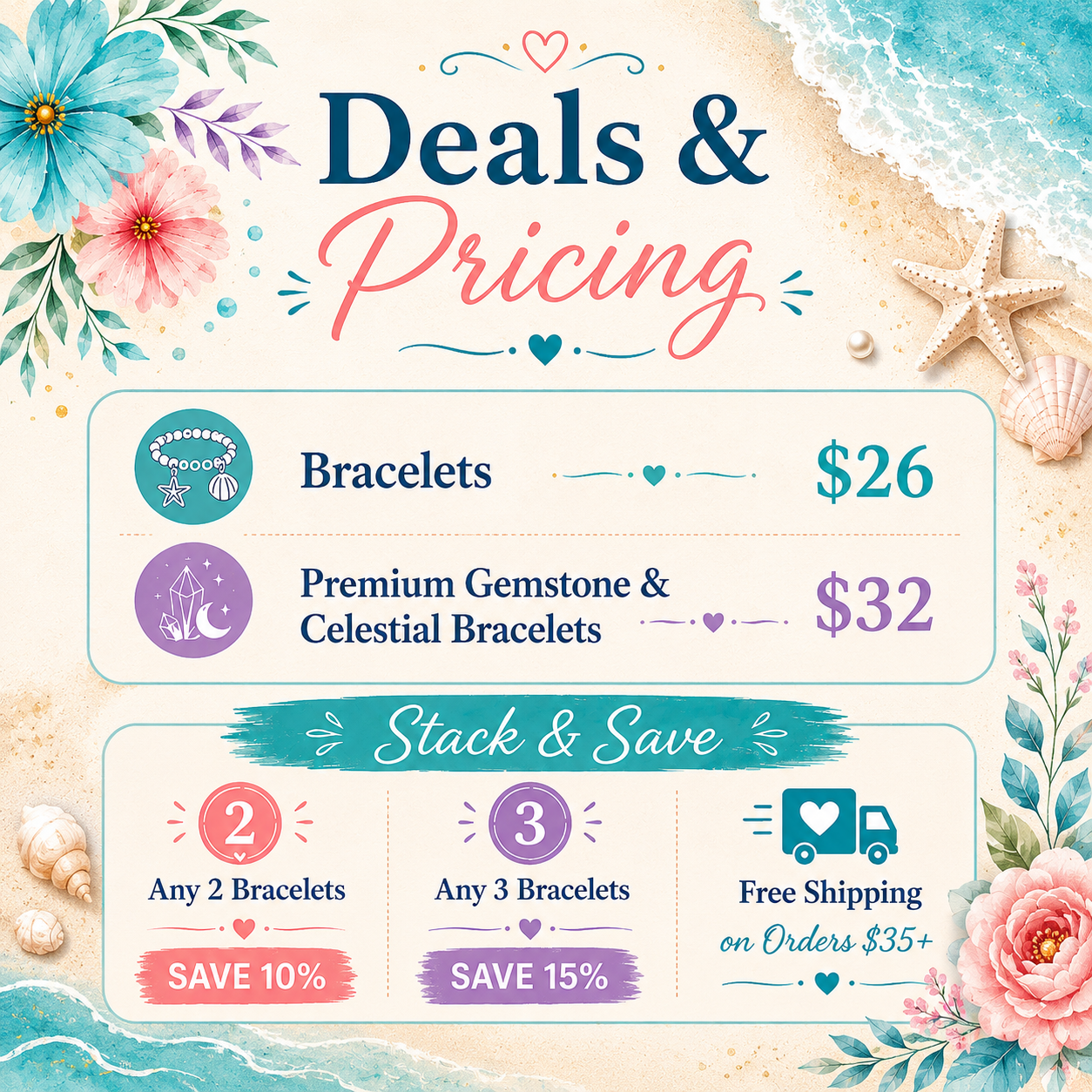 Coastal-themed Bird of Paradise Cove pricing graphic featuring bracelet pricing, gemstone and celestial bracelet pricing, Stack & Save discounts, free shipping on orders over $35, pastel flowers, ocean waves, and beach-inspired artwork.