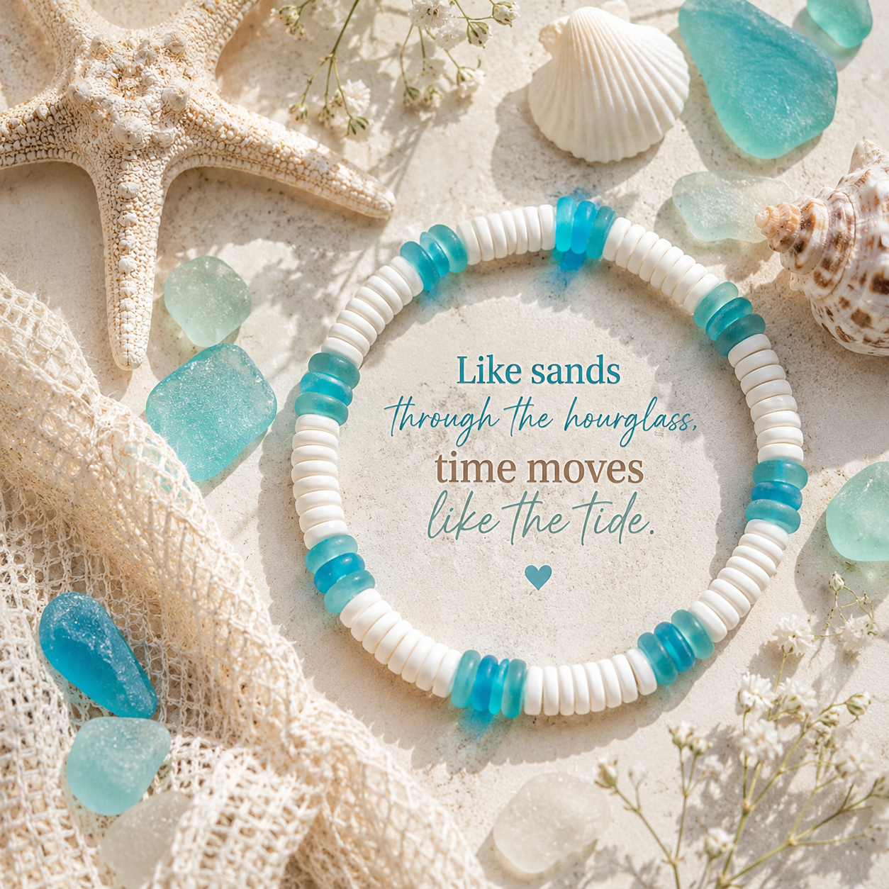 Inspirational coastal bracelet quote graphic reading Like sands through the hourglass time moves like the tide