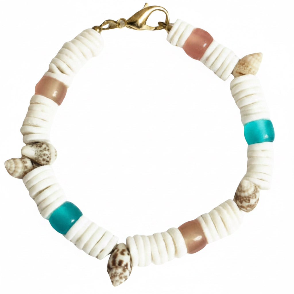 Coastal shell bracelet with heishi beads on clean white background