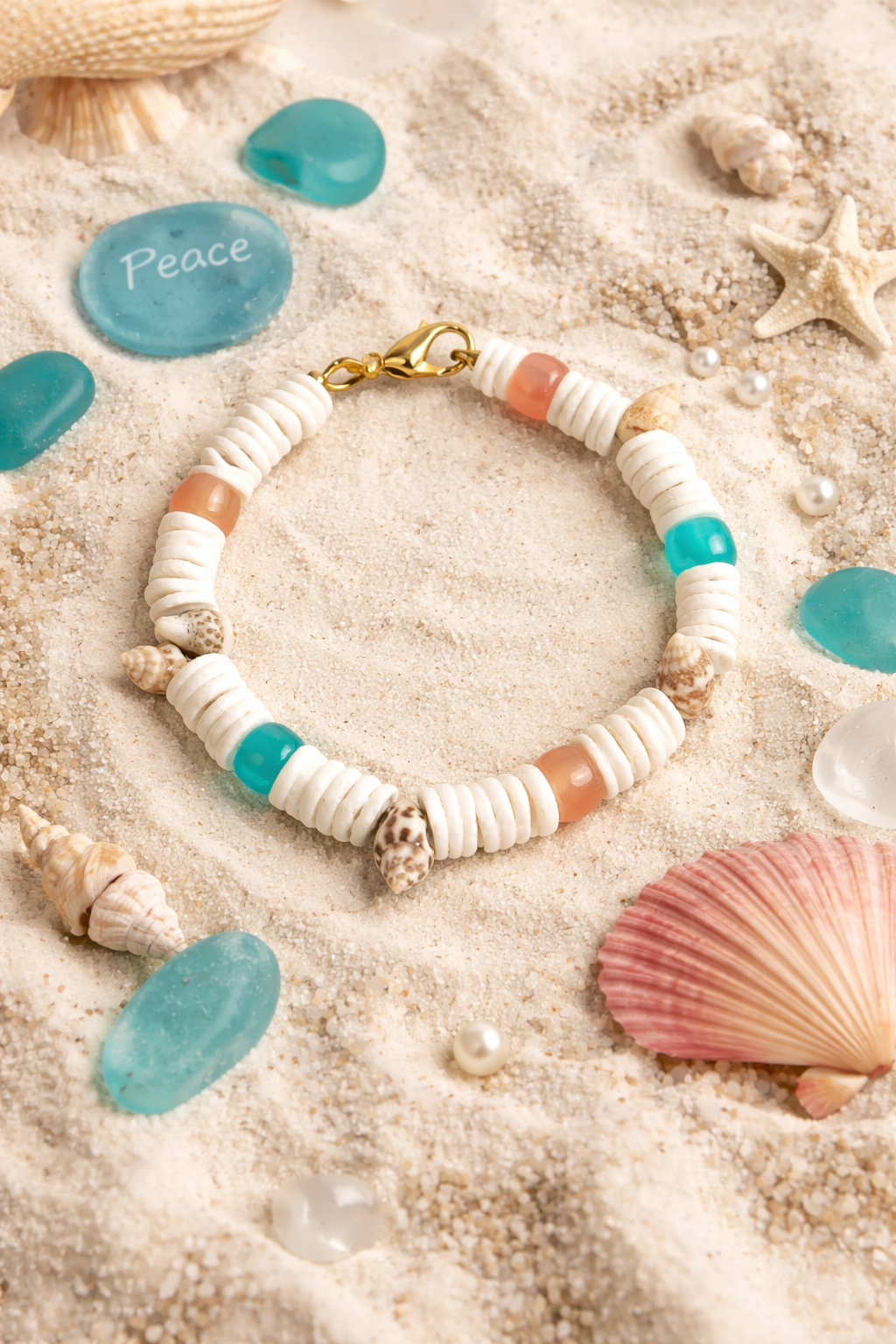 Beaded bracelet with white, blue, and orange beads on a sandy background with seashells and stones.