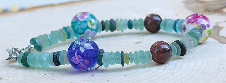 Silver clasp and extender chain on handmade beaded bracelet