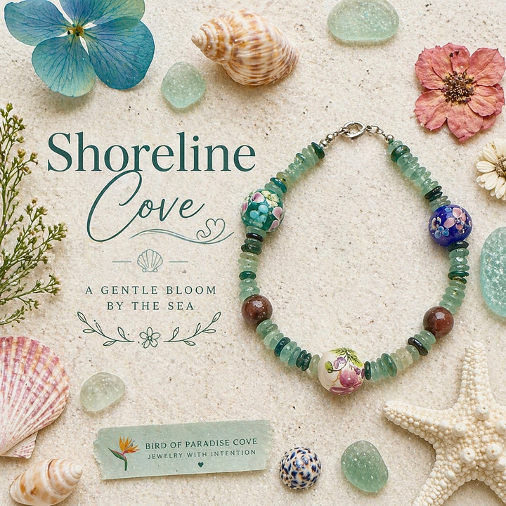 Beaded bracelet with floral elements on a sandy background with shells and flowers.