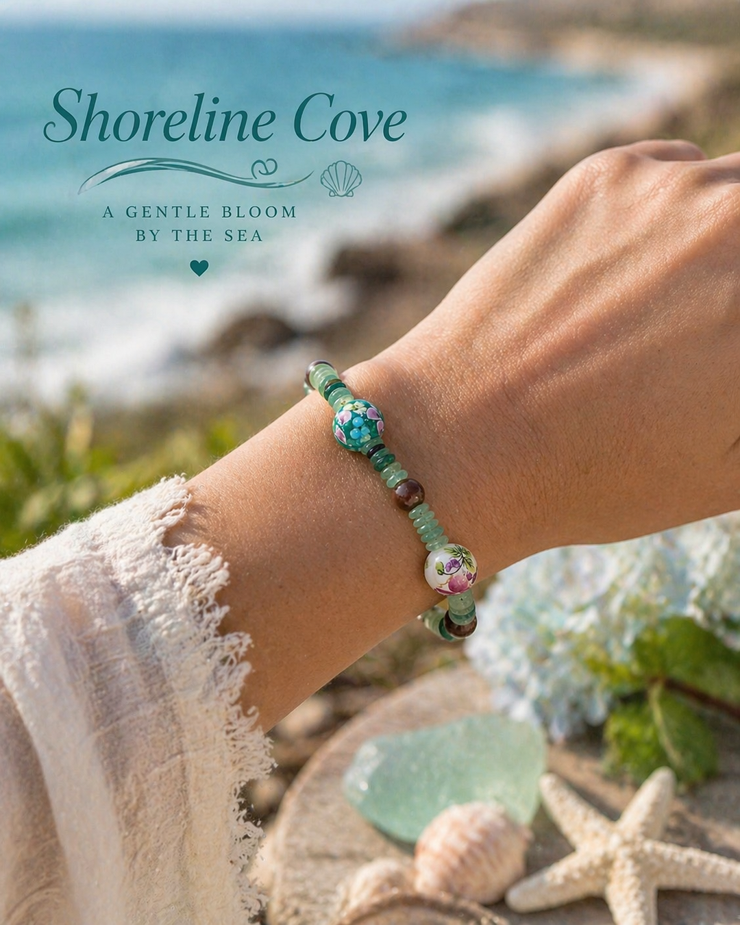 Woman wearing green sea glass floral bracelet outdoors in natural light