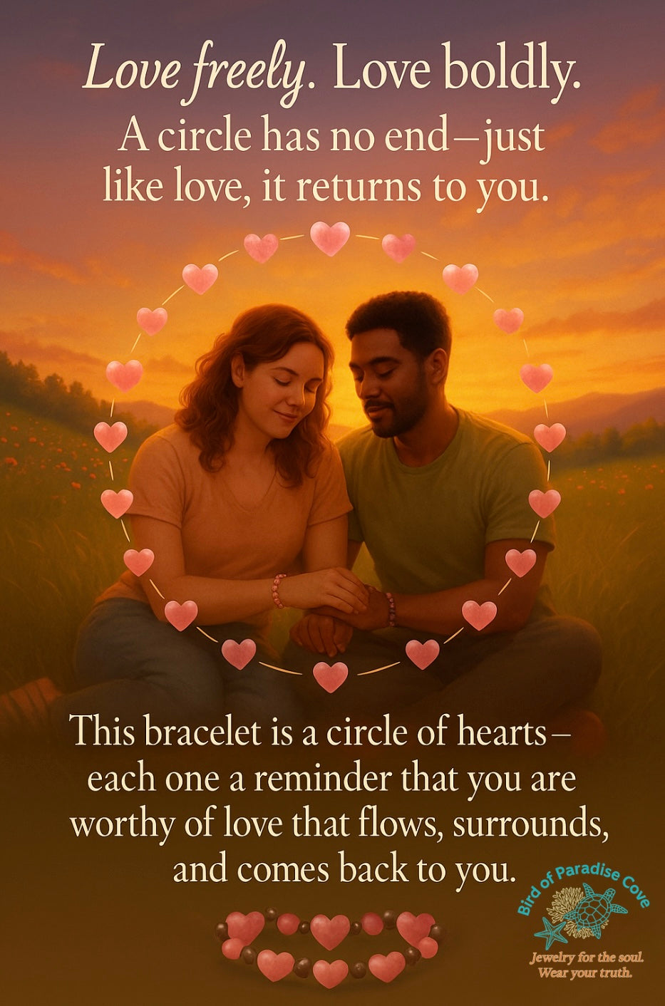 Inspirational relationship quote graphic about love and healing paired with bracelet theme