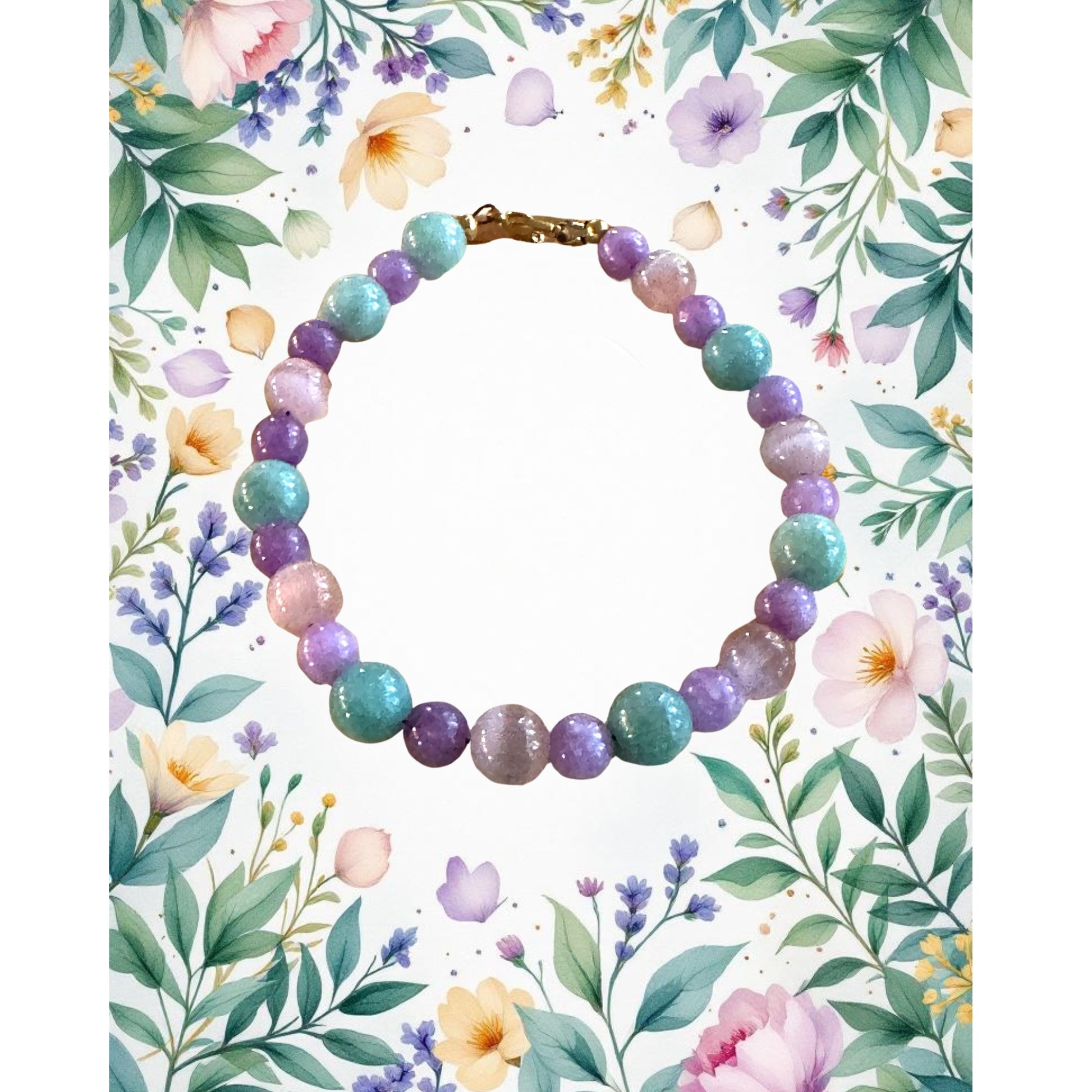 Spring Garden Serenity bracelet surrounded by soft watercolor flowers and greenery in a garden-inspired frame.
