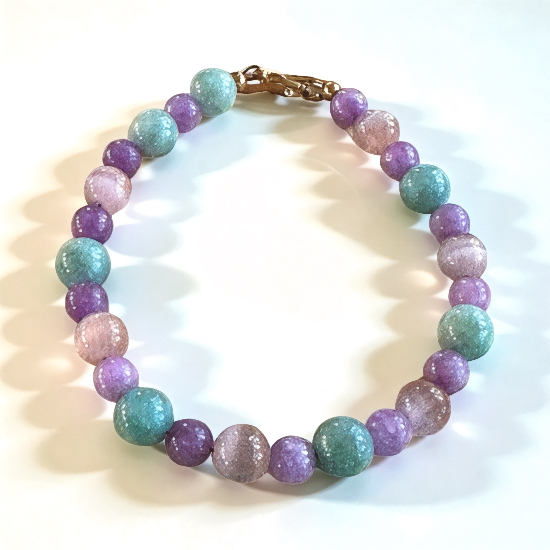 Spring Garden Serenity bracelet featuring pastel aqua, lavender, blush pink, and lilac beads on a white background.